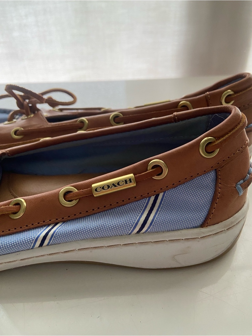 Coach Richelle Boat Shoes Canvas Nautical Blue Striped Tan Leather size 8.5 - Picture 5 of 9